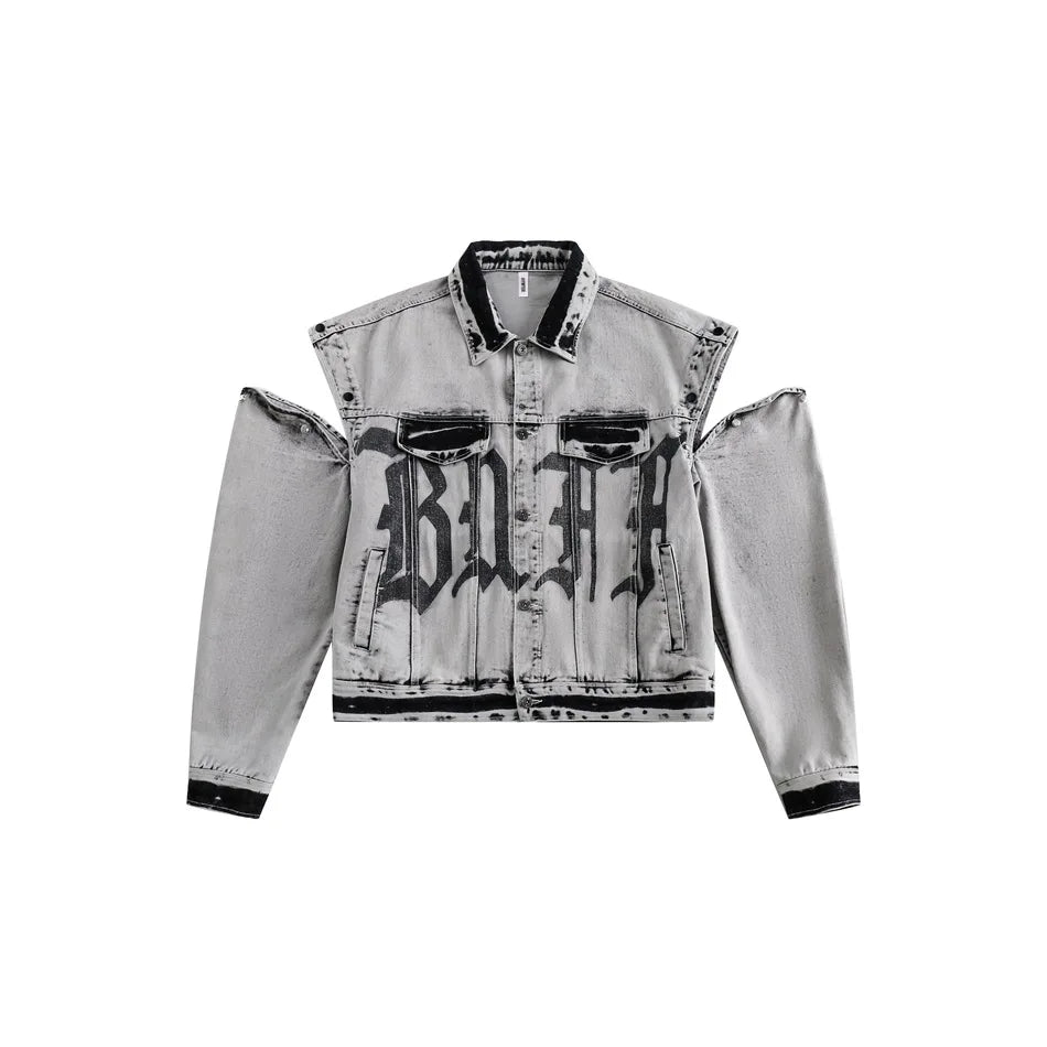 Detachable Sleeve Letter Printed Denim Jacket