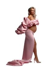Load image into Gallery viewer, Pink Satin Puff Sleeve Maternity Dress Set
