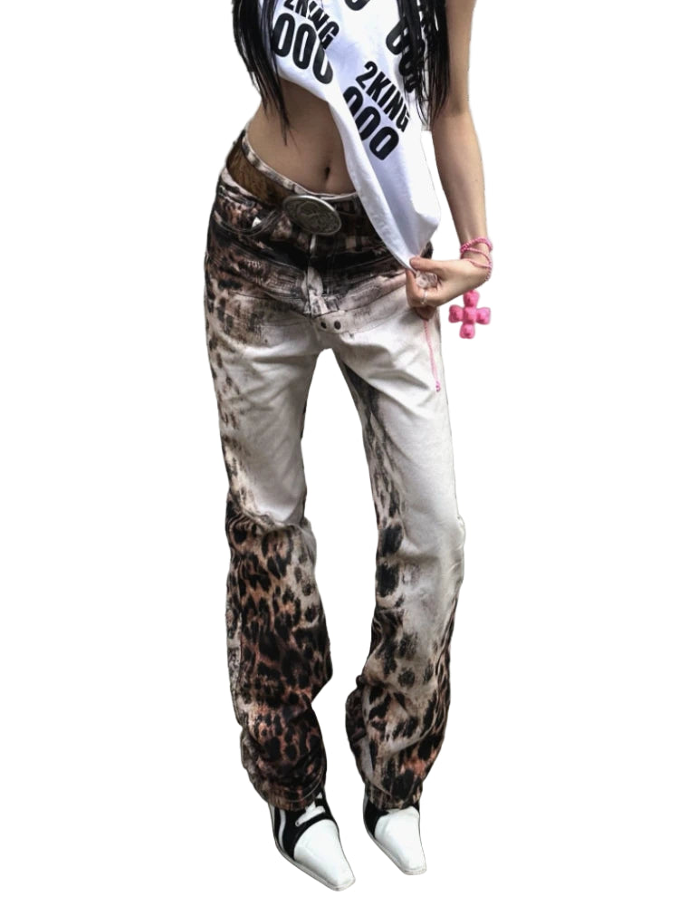 3D Print Faded Leopard Denim Jeans