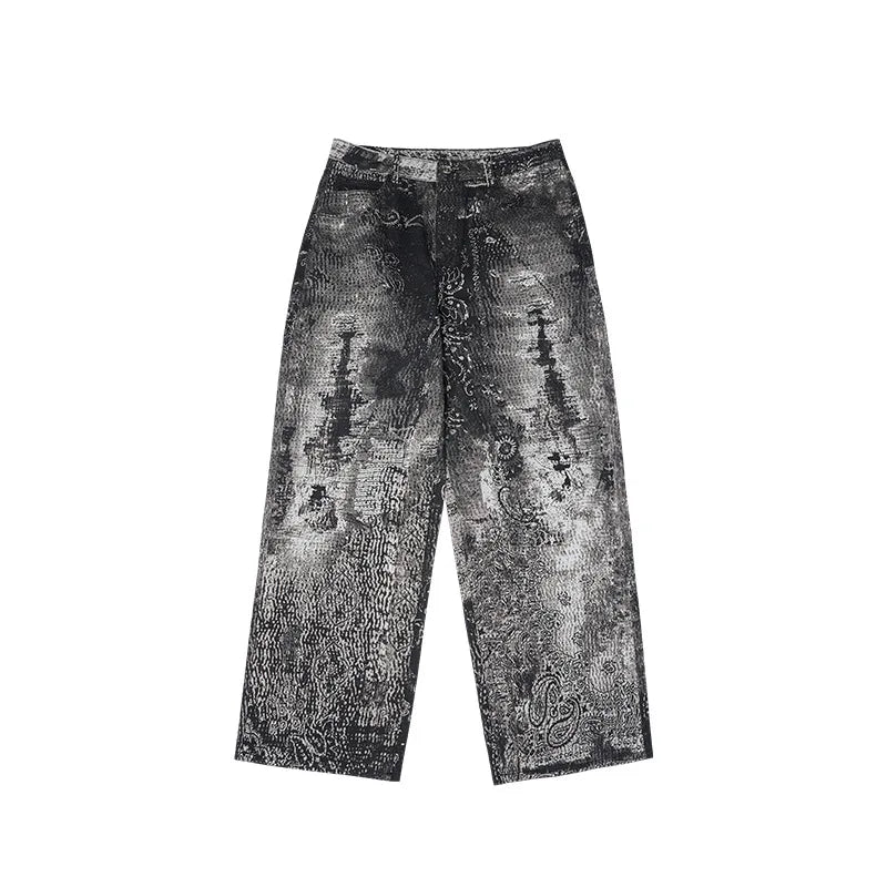 Grey Vintage Paisley Printed Denim Jeans