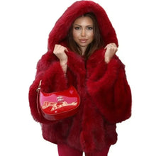 Load image into Gallery viewer, Cherry Red Hooded Fur Coat
