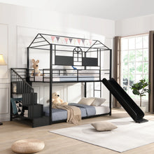 Load image into Gallery viewer, Black Twin House Bunk Bed With Ladder And Slide
