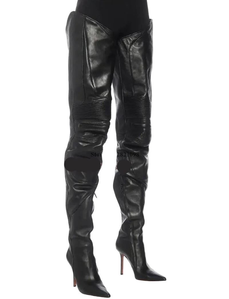 Leather Thigh-High Motorcycle Boots