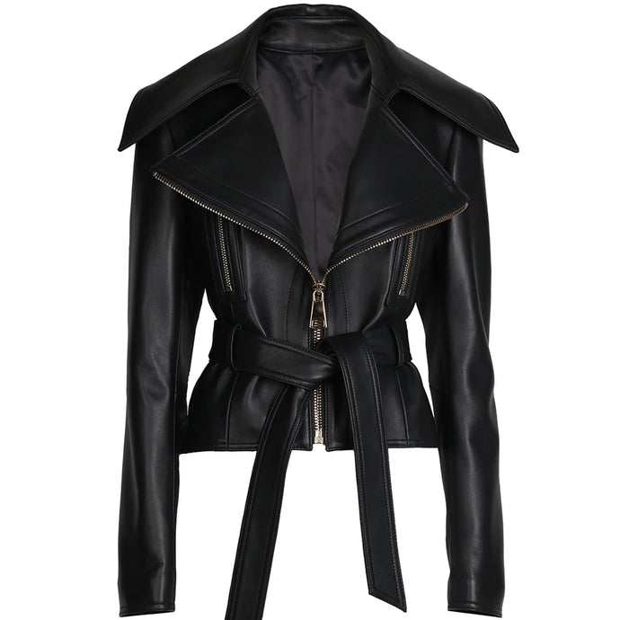 Zipper Belted Leather Jacket-Modern Baby Las Vegas