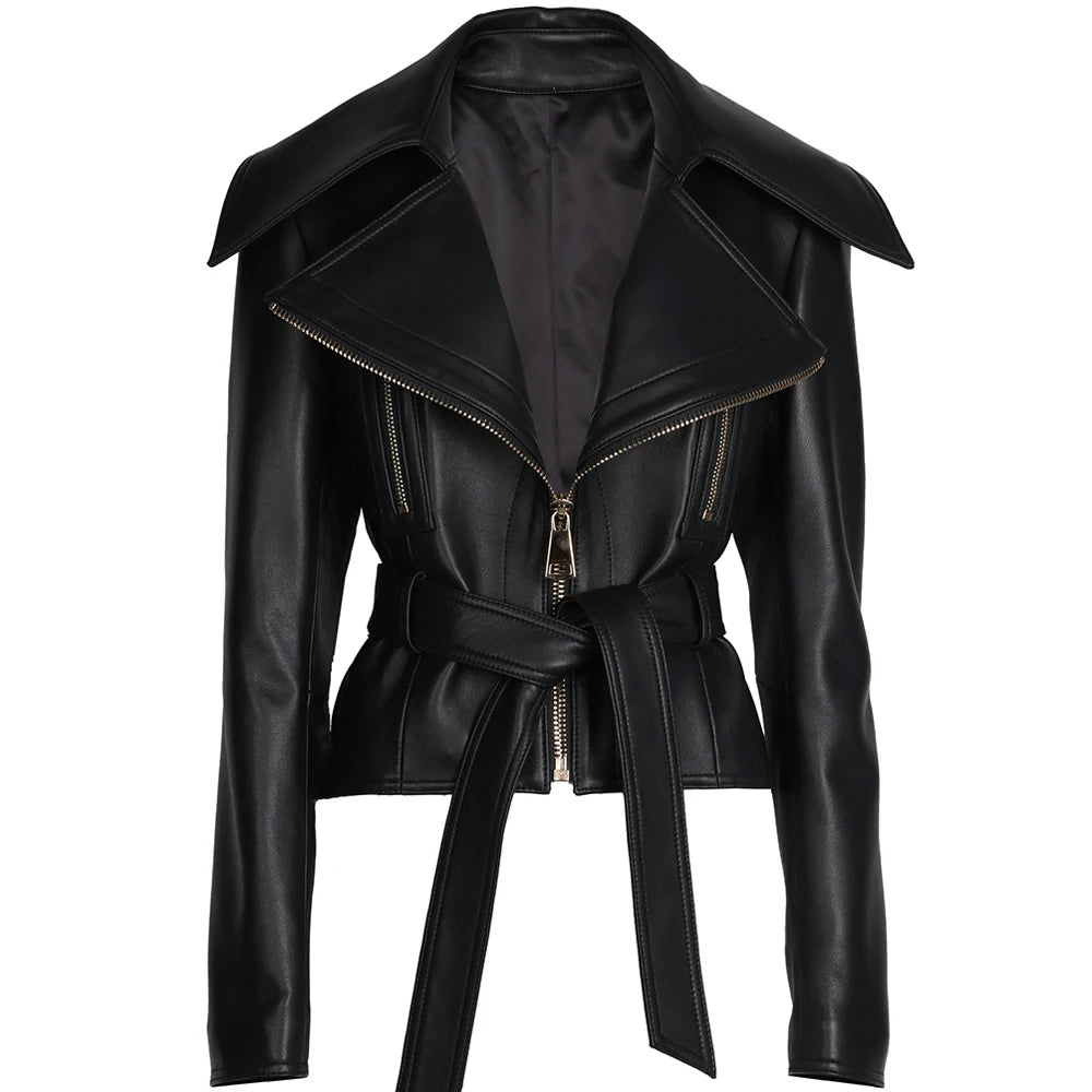 Zipper Belted Leather Jacket