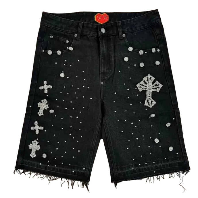 Crystal Cross Denim Shorts-Modern Baby Las Vegas