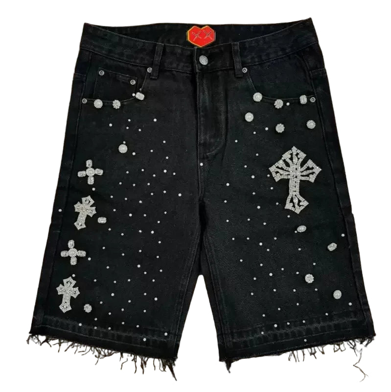 Crystal Cross Denim Shorts-Modern Baby Las Vegas