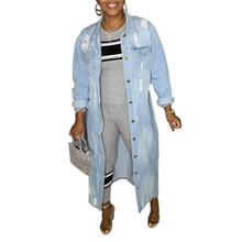 Load image into Gallery viewer, Long Ripped Denim Jacket
