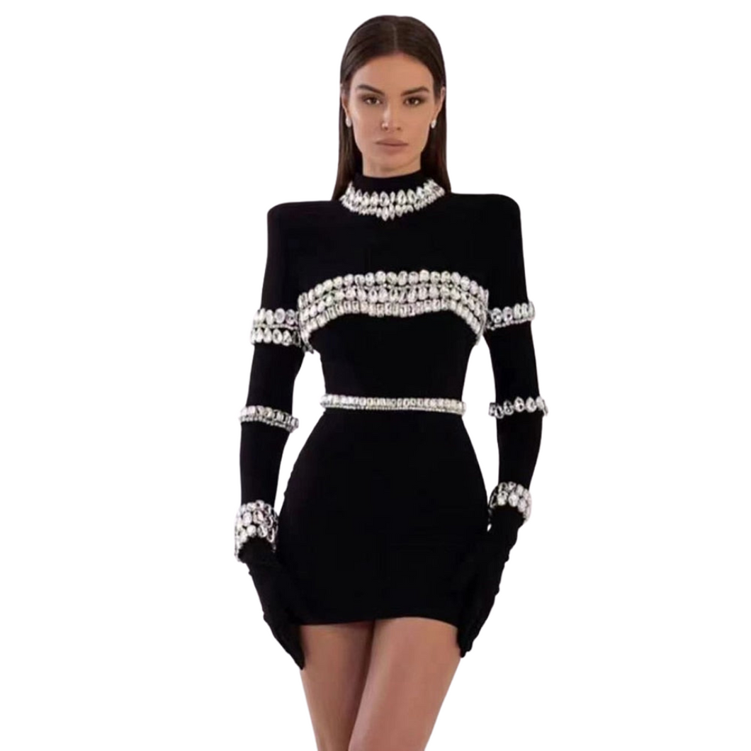 Short Crystal Striped Black Dress