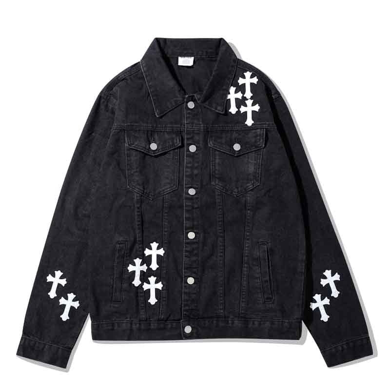 leather cross patch denim Jacket