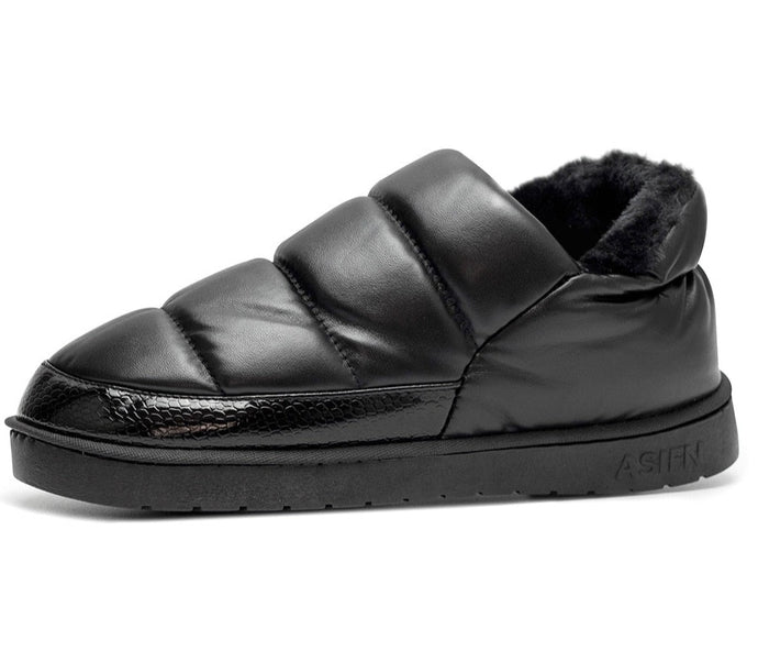 black leather puffer slippers