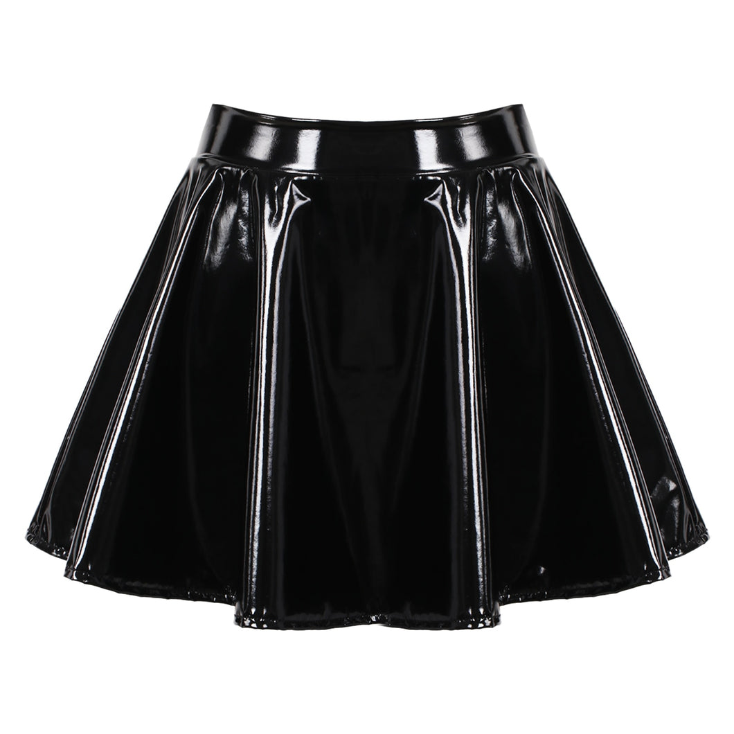 glossy patent leather flared mini skirt