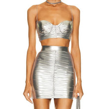 Load image into Gallery viewer, Metallic Silver Leather Skirt Set- Modern Baby Las Vegas
