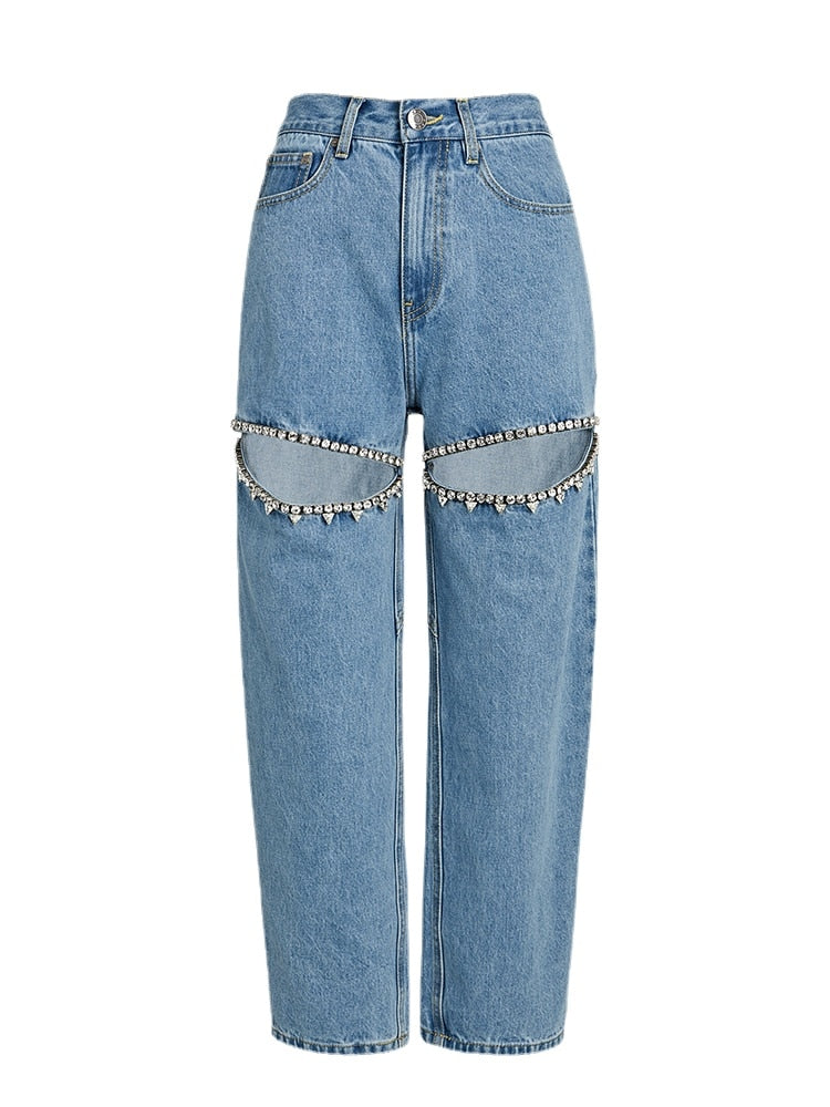 Rhinestone Hollow Out Wide-Leg Denim Jeans