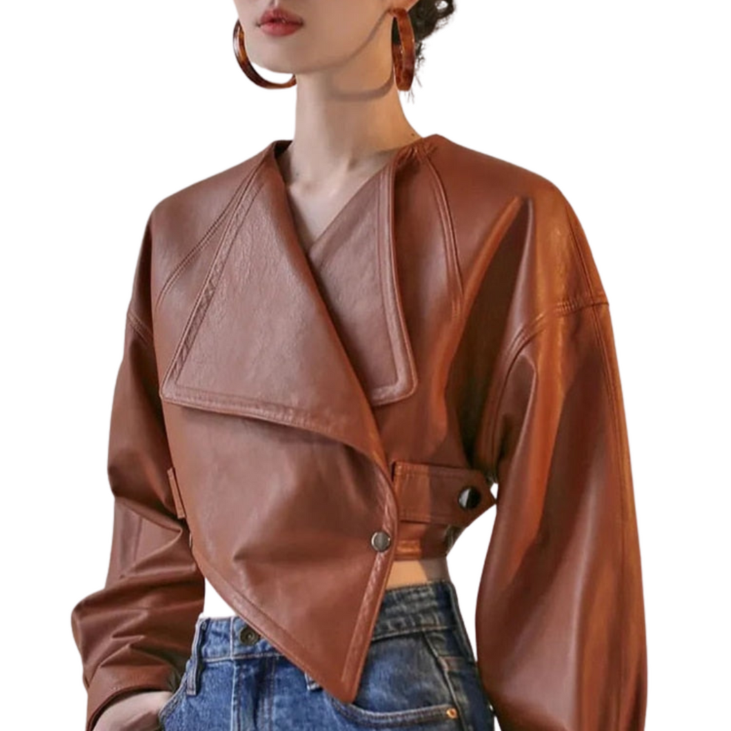irregular leather crop jacket