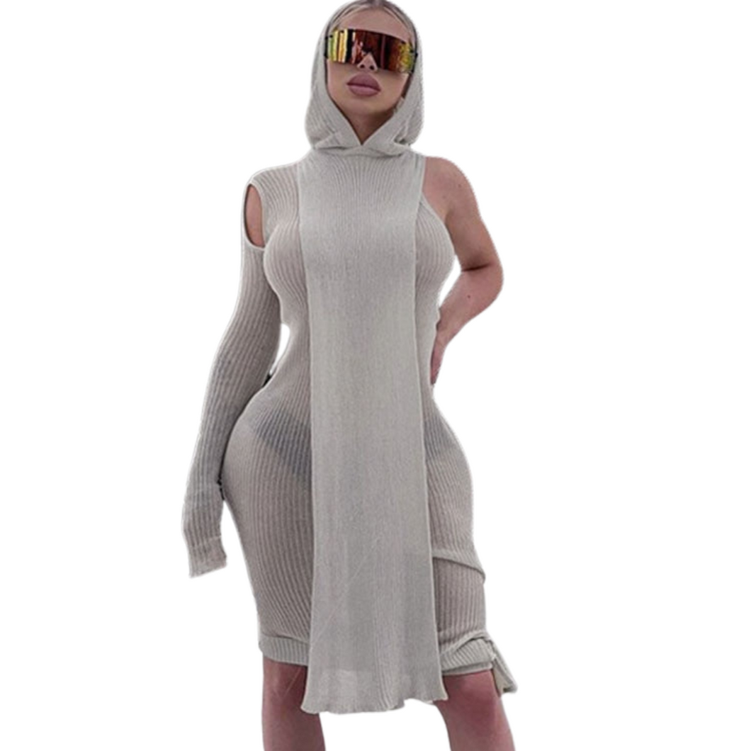 One Sleeve Ribbed Hoodie Knit Midi Dress - Modern Baby Las Vegas 