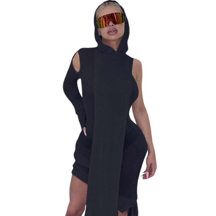 One Sleeve Ribbed Hoodie Knit Midi Dress - Modern Baby Las Vegas 